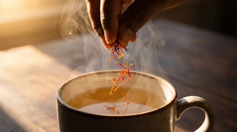 Saffron threads being added to a steaming golden drink
