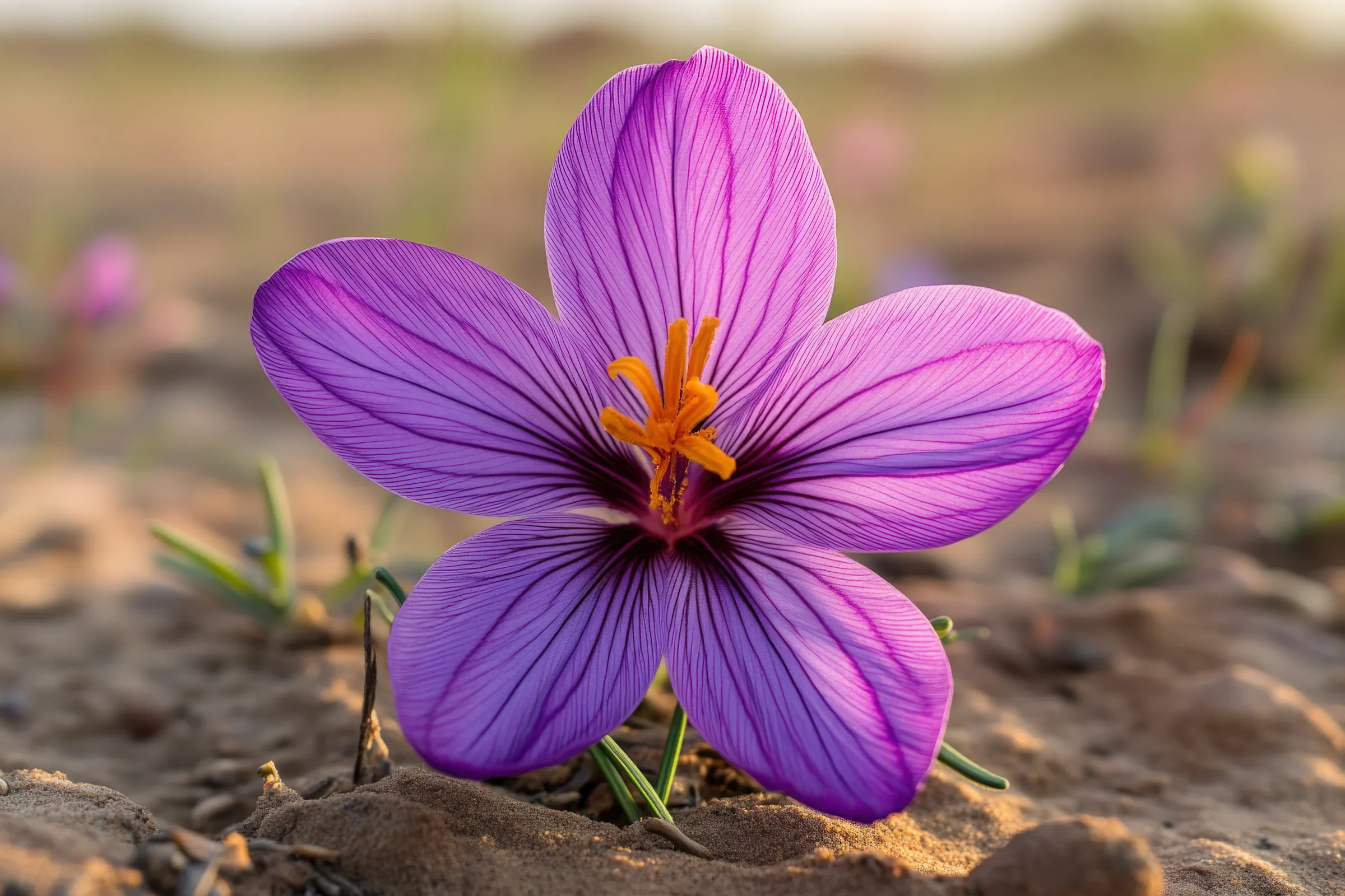 A saffron crocus flower, its red threads showing, in a field