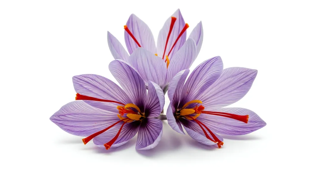 Purple saffron crocuses, each with three red stigmas