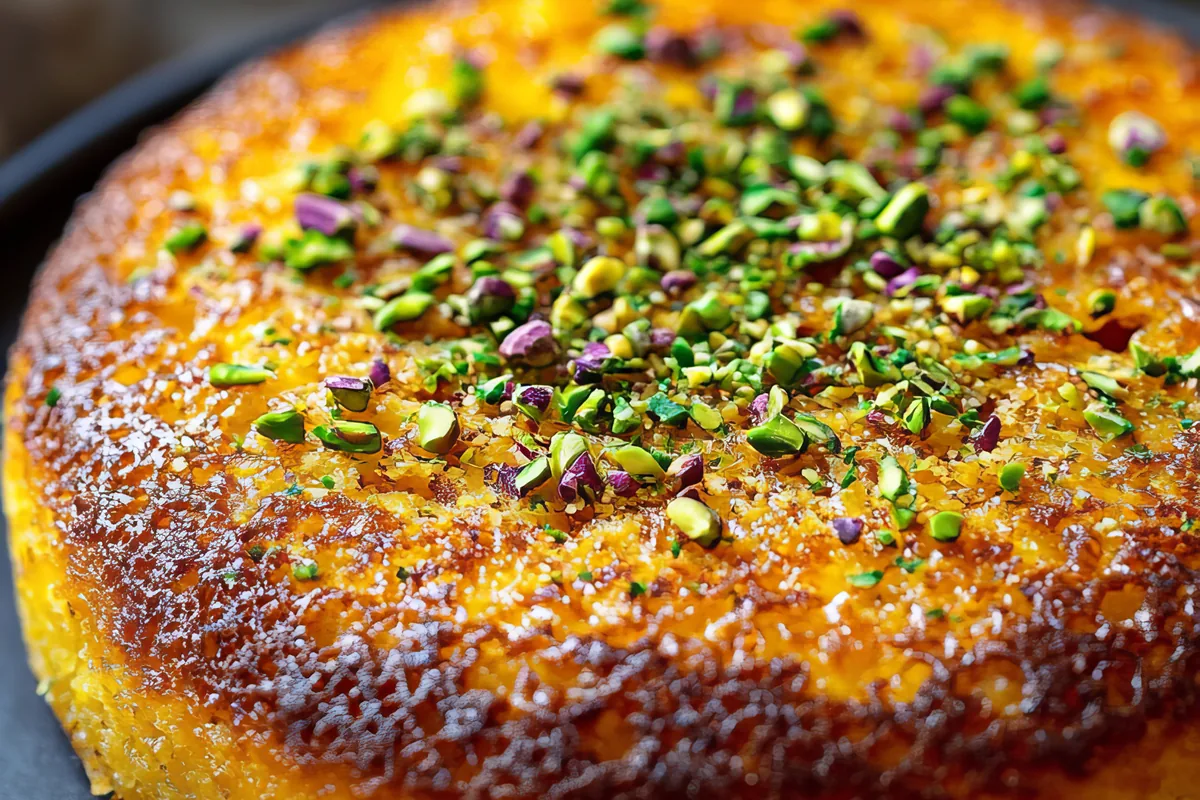 Golden saffron cake topped with pistachios